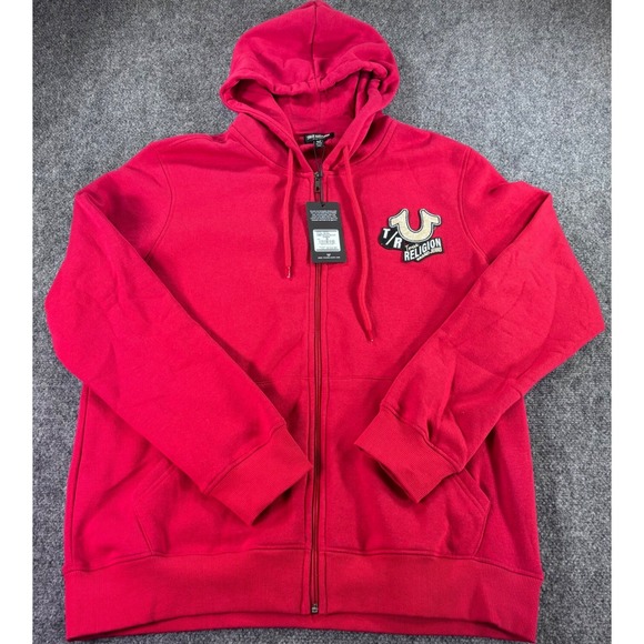 True Religion Zip Hoodie Mens XL Red Multi Patch Logo 700761 NWT Crazy Back Hits